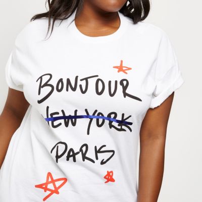 Plus white &#39;Bonjour&#39; print T-shirt